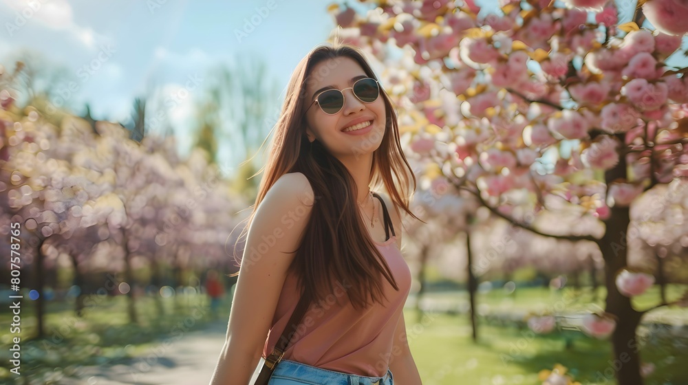 Photo of cheerful gorgeous pretty woman walking in blooming park enjoying nature landscape sunny warm season
