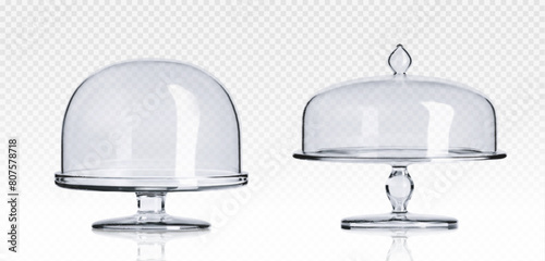 Glass cake stand plate and dome cover. Realistic 3d vector illustration set of plastic transparent tray for sweet dessert food safe display and storage. Empty glassware showcase platter and cloche.