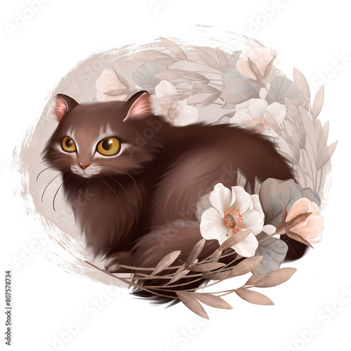 Kitten with flowers. Hand drawn illustration of cat.