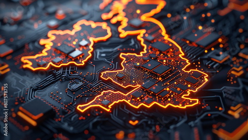 Glowing circuits in United Kingdom map shape 