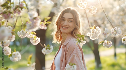 Photo of cheerful gorgeous pretty woman walking in blooming park enjoying nature landscape sunny warm season #807578759