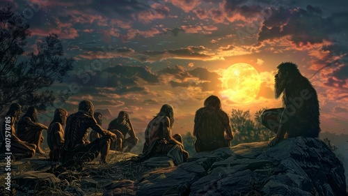 Philosophical debate among early Homo sapiens about the meaning of life and existence, portrayed in a thoughtful, serene gathering at dusk photo