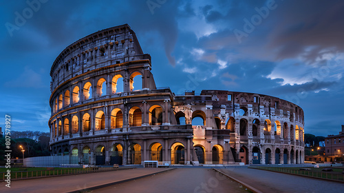 Colosseum at dusk, Rome, Italy, historic gladiator arena with dramatic lighting. Generative AI illustration 