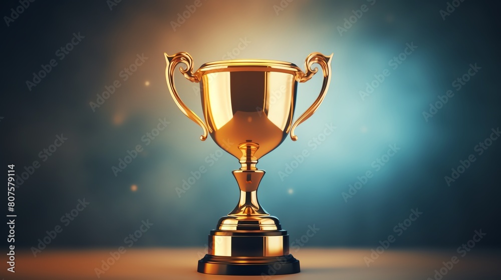 Gold trophy with a shiny surface. The trophy is sitting on a dark surface with a spotlight shining on it. Gold trophy with a shiny surface. The trophy is sitting on a dark surface with a spotlight shining on it.