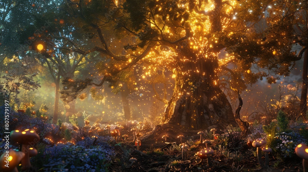 Enchanting digital art of a mystical forest at night illuminated by a glowing, magical tree and sparkling mushrooms.