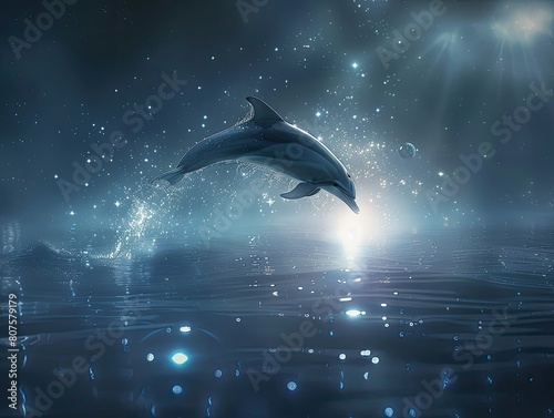 A whimsical digital art piece depicting a dolphin leaping from sparkling water under a starry night sky.