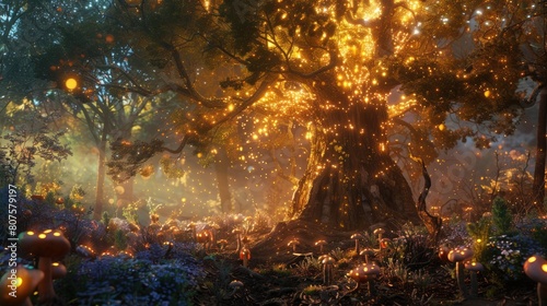 Enchanting digital art of a mystical forest at night illuminated by a glowing  magical tree and sparkling mushrooms.