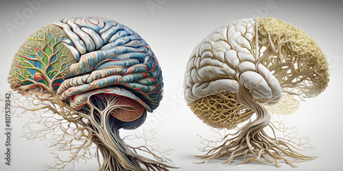 서로 대립하는 두개의 뇌에 관한 초현실적 이미지