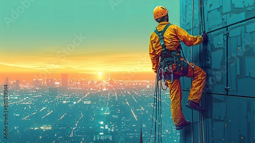 A construction engineer rappels from a tall building using a rope. photo