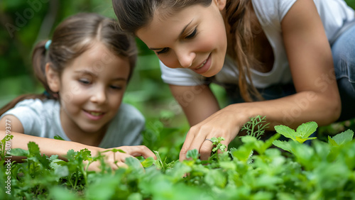 Mutter und Tochter beim gemeinsamen Gärtnern, lächelnd und sich um Pflanzen in einem grünen Garten kümmernd