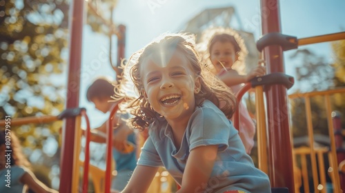  group of children climbing a jungle gym, their laughter echoing through the air, with a sun-drenched playground in the background, 