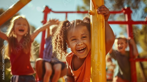  group of children climbing a jungle gym, their laughter echoing through the air, with a sun-drenched playground in the background, 