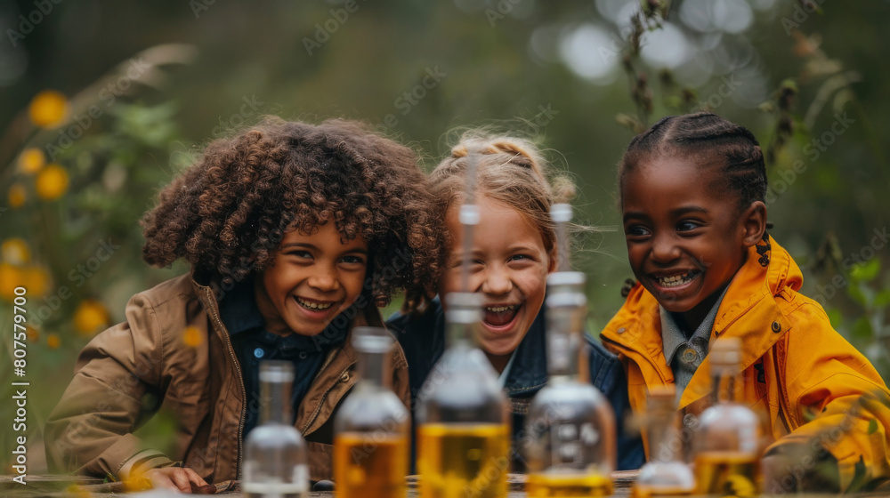 Three joyful children sitting outdoors behind bottles, smiling and laughing together, surrounded by a natural backdrop with greenery and flowers. Three joyful children sitting outdoors behind bottles, smiling and laughing together, surrounded by a natural backdrop with greenery and flowers.