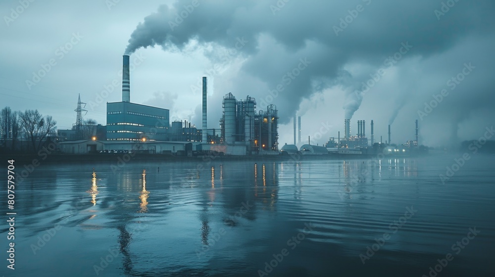 industrial Discharge, A large industrial plant by a river, releasing untreated wastewater into the water body, under a gloomy sky. industrial Discharge, A large industrial plant by a river, releasing untreated wastewater into the water body, under a gloomy sky.