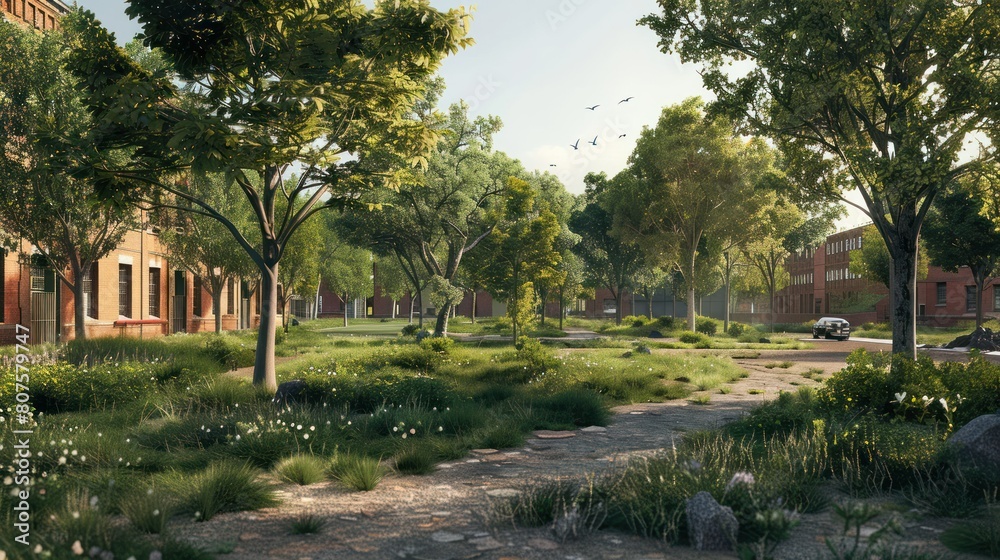 reclaimed industrial site, transformed into a thriving green space. Trees and plants flourish where factories once stood, and birds sing in the clean air. reclaimed industrial site, transformed into a thriving green space. Trees and plants flourish where factories once stood, and birds sing in the clean air.