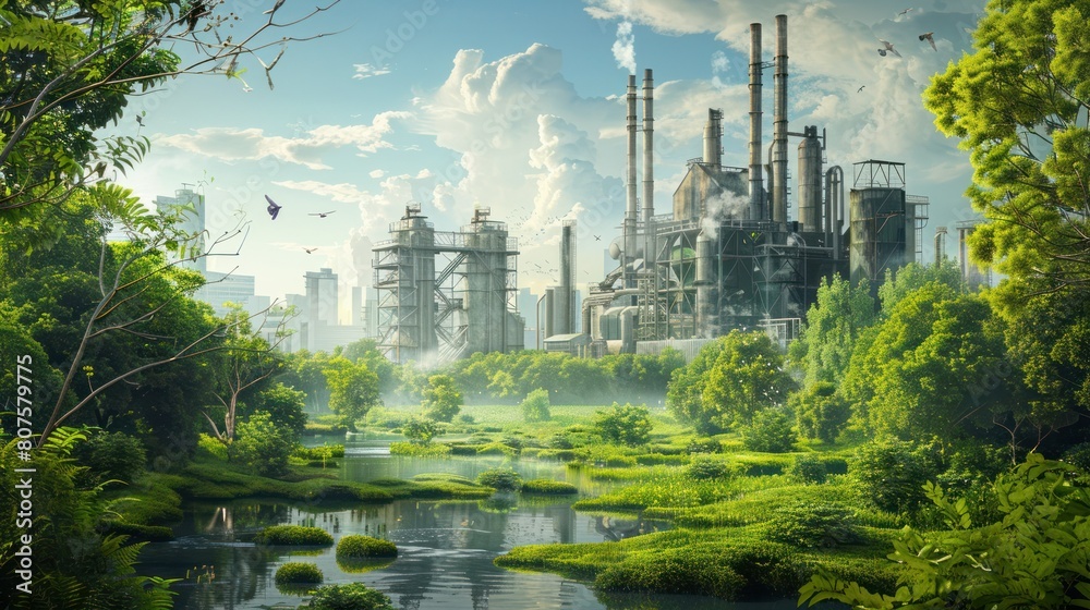 Fototapeta premium reclaimed industrial site, transformed into a thriving green space. Trees and plants flourish where factories once stood, and birds sing in the clean air.