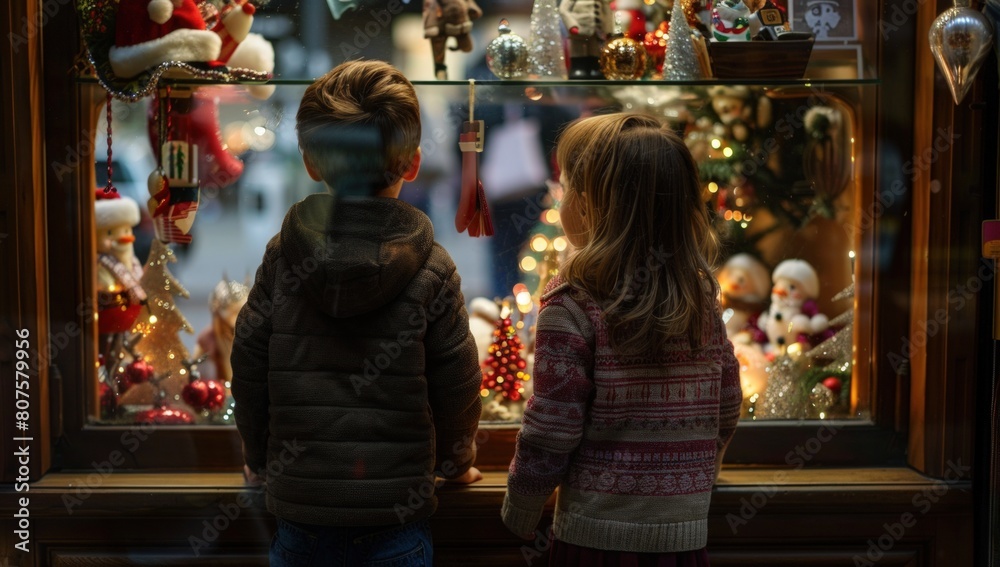 Two children looking at Christmas decorations in a shop window.