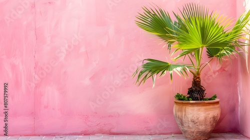 Old clay pot with green palm tree plant over pink wall. Traditional European, Italian outdoor decoration 