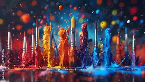 photorealistic cool and modern website banner background, representing generative art, abstract, colorful, inspiring, 3D rendering, many different miniature art supplies stuck to the background, color photo