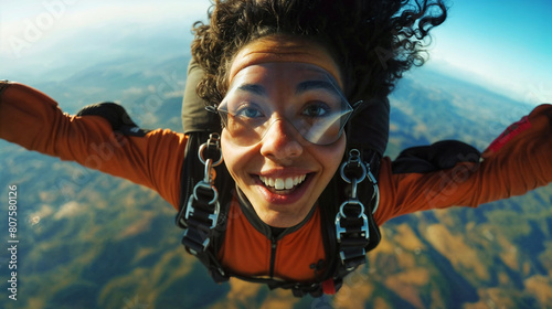 A young black woman with a smile is jumping with a parachute. She feels happy and excited while she's in the sky and free-falling. This is skydiving