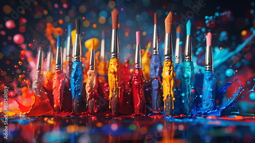 photorealistic cool and modern website banner background, representing generative art, abstract, colorful, inspiring, 3D rendering, many different miniature art supplies stuck to the background, color