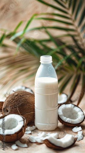 A white plastic bottle of milk stands on the table, surrounded by coconut elements and coconuts cut in half