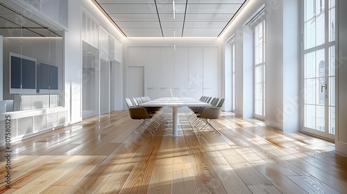 Meeting room design Multi person office Wooden flooring and white walls  Minimalism. Generative AI.