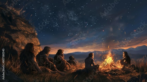 Sketch of early Homo sapiens gathered around a crackling fire, exchanging stories and sharing meals under a starlit sky, evoking a sense of community and warmth photo