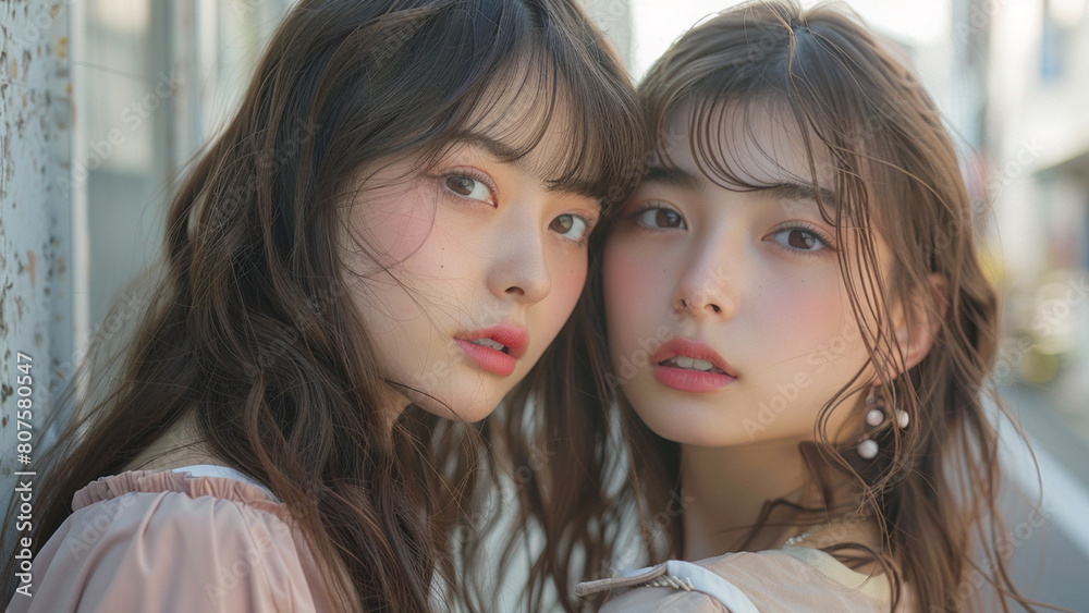 two very cute 18 year old Japanese fashion models posing, long creamy brown hair, wavy bangs and stylish clothes, pastel colors two very cute 18 year old Japanese fashion models posing, long creamy brown hair, wavy bangs and stylish clothes, pastel colors