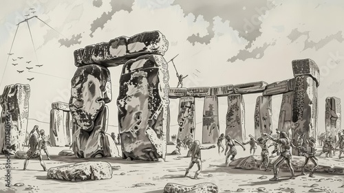 Sketch of Homo sapiens constructing Stonehenge, illustrating cooperation and ingenuity, with detailed stonework and a dynamic construction scene photo