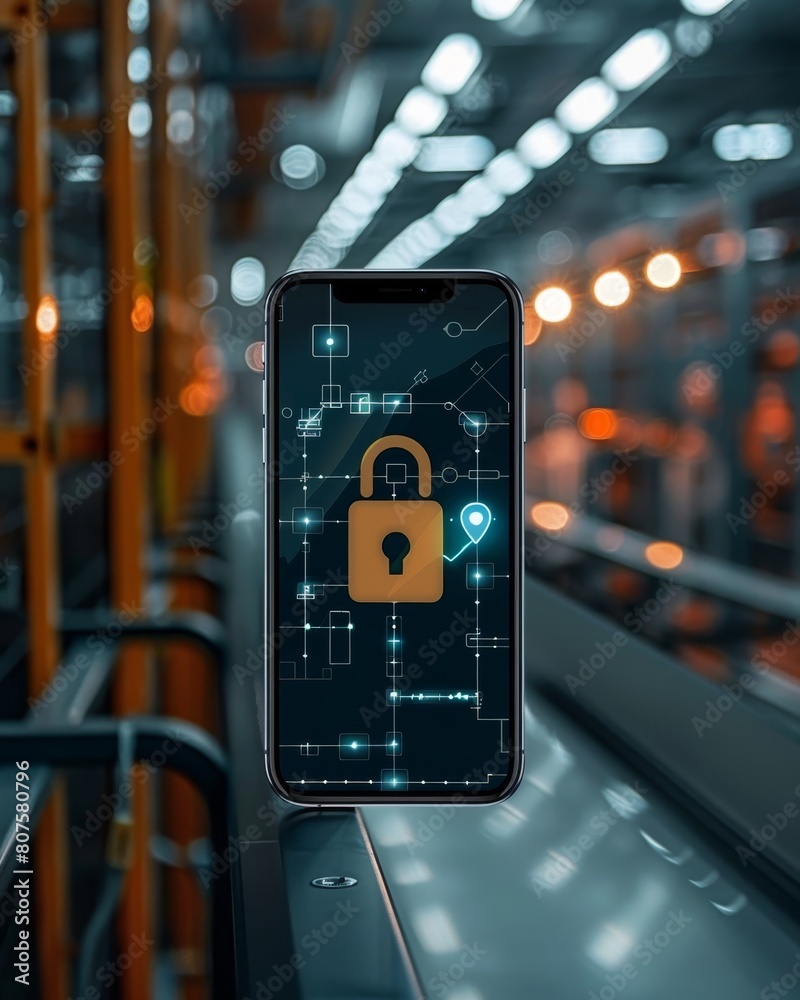 The unlocked smartphone with its security symbol exposed sits on a blue conveyor belt in front of a warehouse, Generated by AI