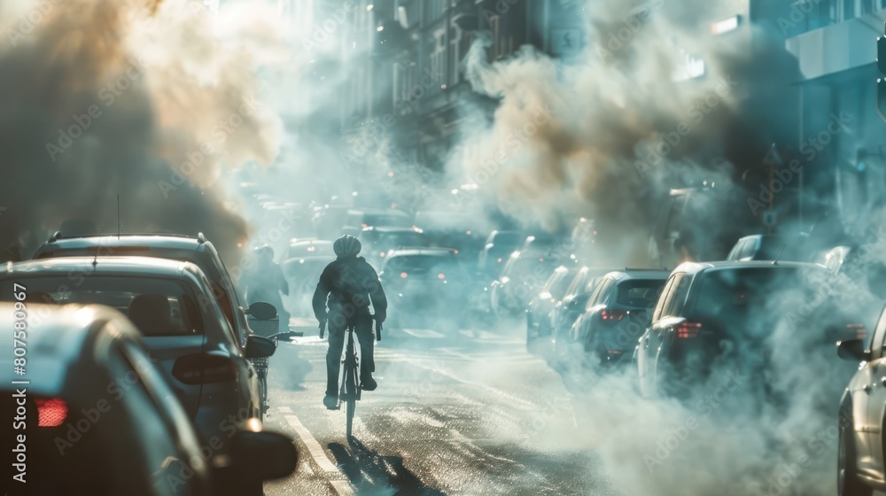 Fototapeta premium cyclist or pedestrian navigating a busy city street, surrounded by a cloud of car exhaust smoke, highlighting the impact of air pollution on urban dwellers 