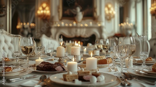 A dining room in a luxurious house with white candles, wine, steak and desserts on the table. Generative AI.