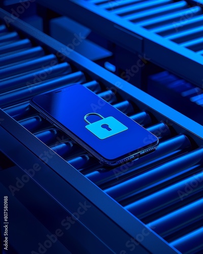 The smartphone unlocked lock symbol is displayed against a blue background emphasizing the importance of smartphone security while a warehouse conveyor belt looms in the background, Generated by AI