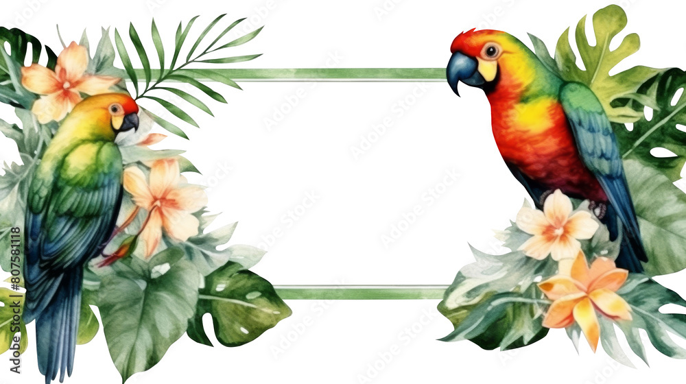 Tropical green leaves with parrot bird for decoration art frame,wallpaper,card and banner on transparent background.