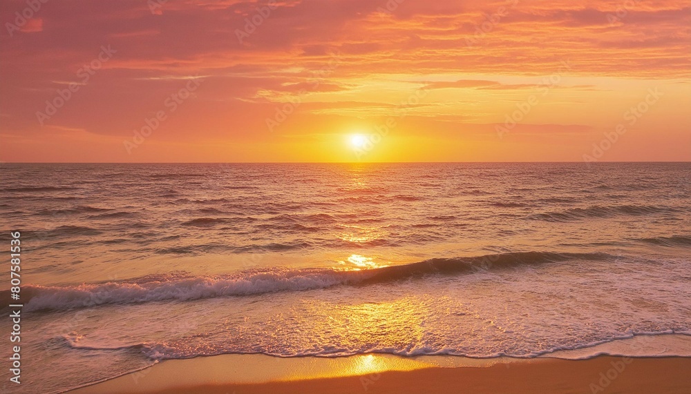 Ocean sunset. Magical dramatic sea sunset. Burning sky and shining golden waves. Sunset sea 4k. Red sky, yellow sun and amazing sea. Summer sunset seascape. Colorful pink and golden colors