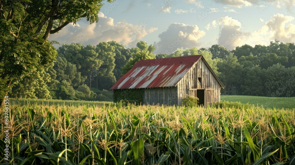 rustic farmhouse nestled amidst a sea of cornstalks, its weathered wooden walls and red roof contrasting with the lush greenery, evoking a sense of rural tranquility. rustic farmhouse nestled amidst a sea of cornstalks, its weathered wooden walls and red roof contrasting with the lush greenery, evoking a sense of rural tranquility.