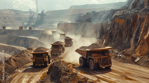 Material Transportation, A convoy of loaded haul trucks moving along dirt roads within the mine, showcasing the logistics of moving ore.