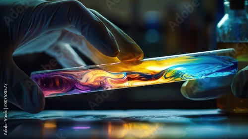  scientist's hand carefully pours a vibrant liquid from one test tube into another, creating a mesmerizing cascade of colors in a close-up photograph. 