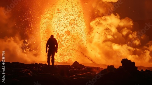silhouette of a lone adventurer standing in awe before a spectacular volcanic eruption  capturing the awe-inspiring grandeur of nature s forces.  