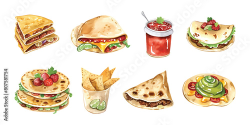 Set watercolor collection variety of spanish mexican food snacks and dishes illustration