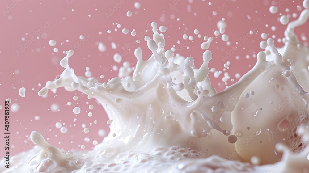 Minimalist Milk Motion - Illustrate a slow-motion pour of milk creating delicate droplets in mid-air against a bright background.