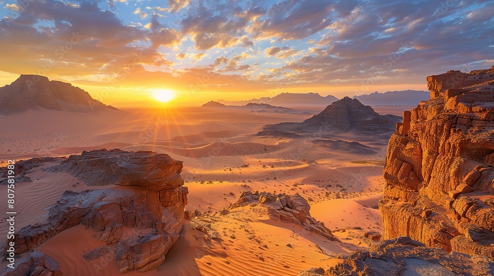 Desert, with the rising sun casting a warm, golden glow across the arid landscape