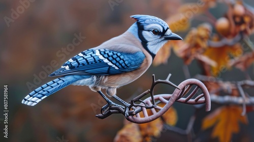 A blue jay is perched on a branch. The branch also has a blue double helix on it.

