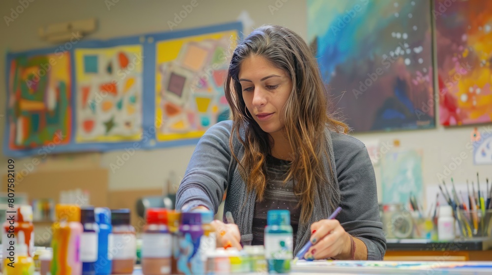 Fototapeta premium teacher fostering appreciation for the arts and creativity in students through hands-on projects and performances in an art classroom, 