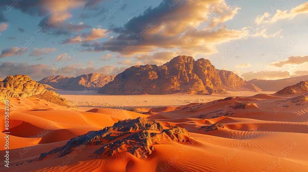 Naklejka premium Desert landscape bathed in the soft light of dawn, with the sun rising over the horizon