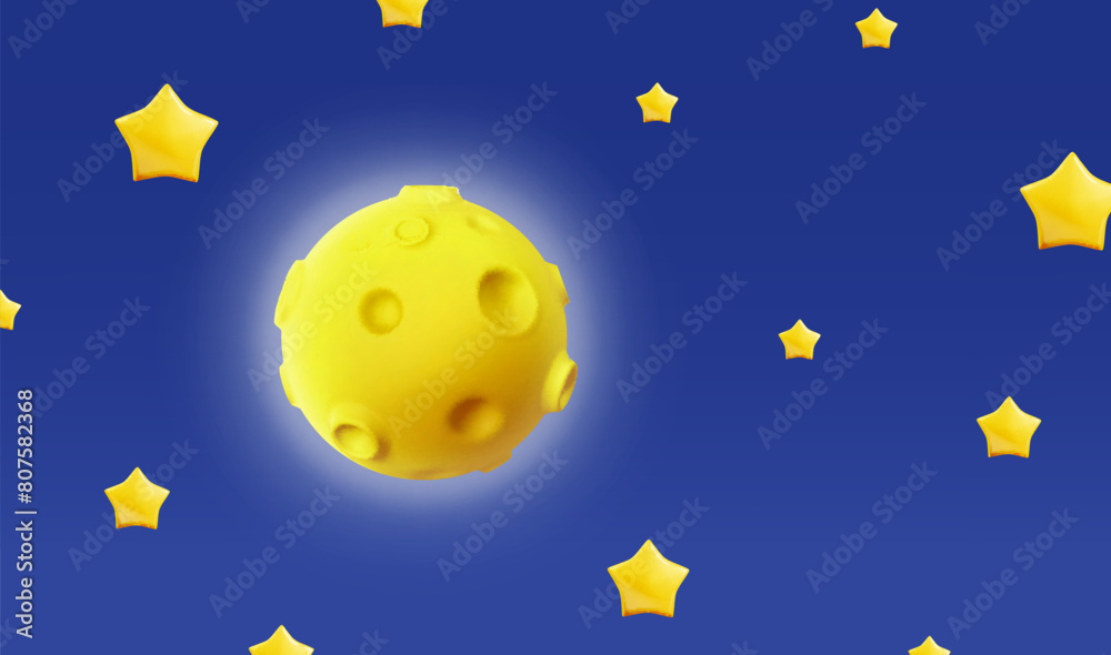 Naklejka premium Full moon with stars on blue sky, Yellow 3d moon shining Vector illustration