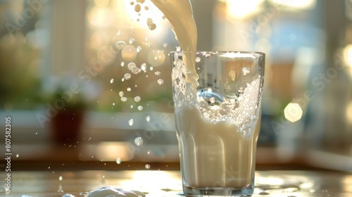 Morning Pour - Capture the graceful flow of milk pouring into a clear glass, with soft morning light enhancing its pure white color. photo