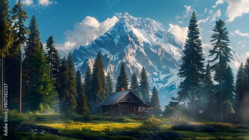  A solitary mountain cabin nestled among towering pine trees, with a snow-capped peak rising majestically in the background. . 