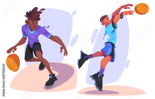 Basketball player in uniform dribbling and throwing ball while jumping. Cartoon vector illustration set of young man players during training or competition game. Playing professional sports team. © klyaksun